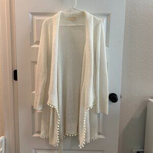 Cream Modcloth "Custom Cocoa" open knit belted sweater with pompom trim size 1x